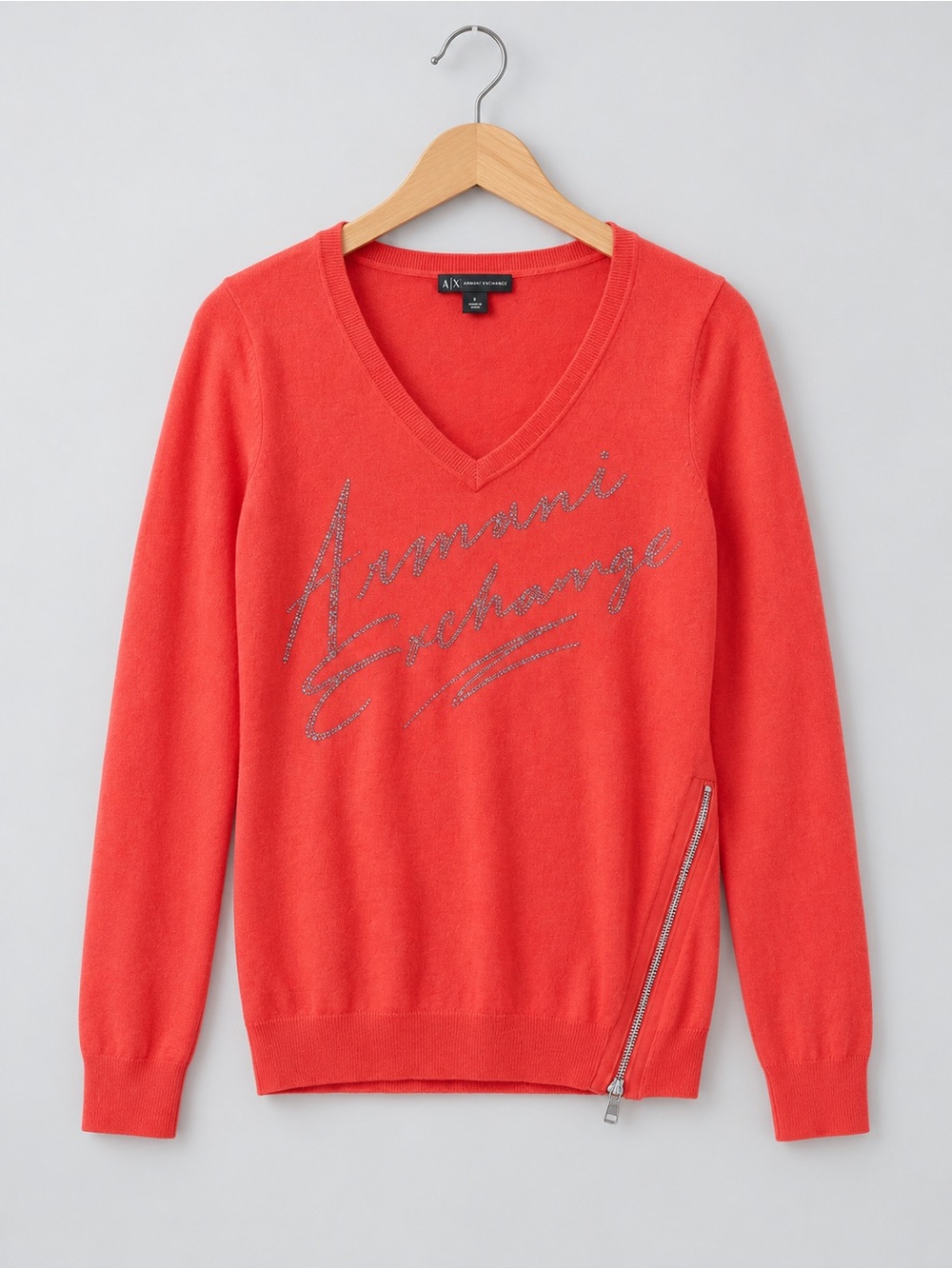 Armani Exchange Women's Coral V-Neck Sweater with Sparkly Logo